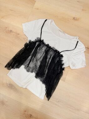 Women’s White Tee with Black Lace Overlay